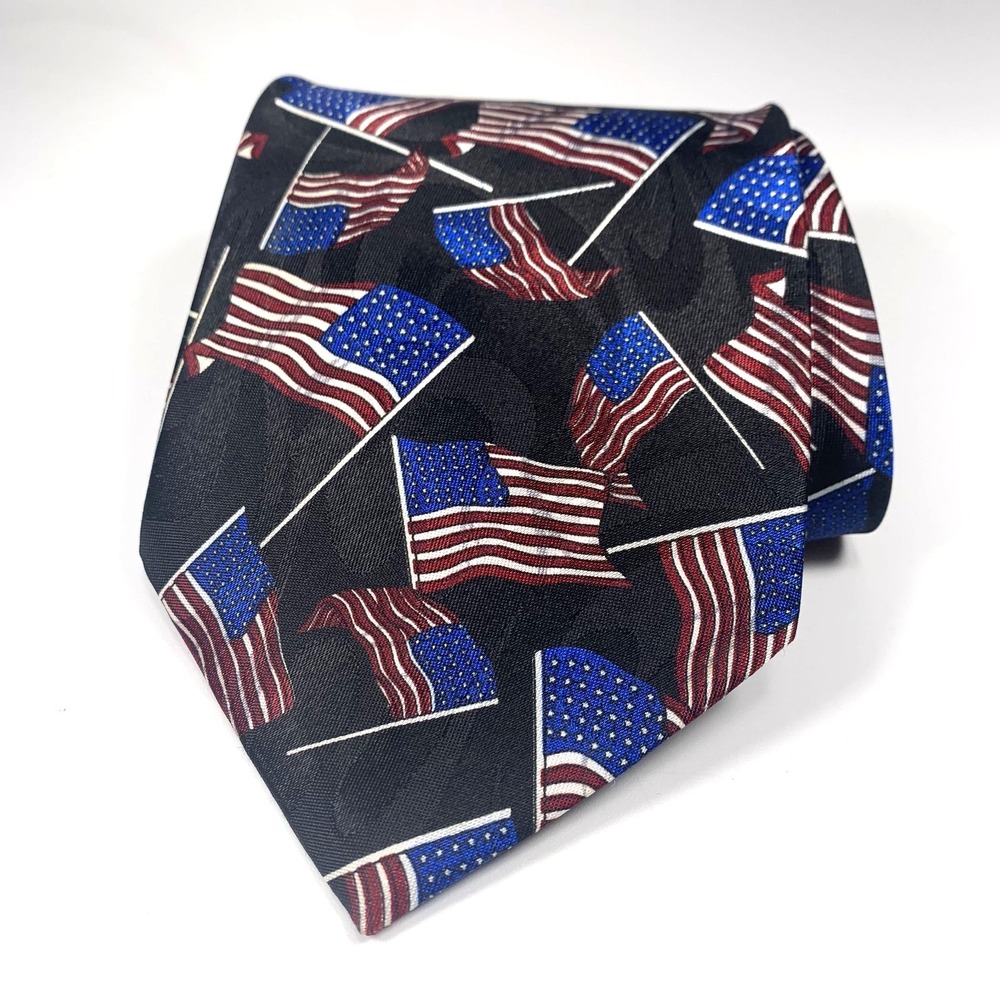 Steven Harris Mens Tie Black w/ USA Flag Motif 100% Silk Patriotic July 4th